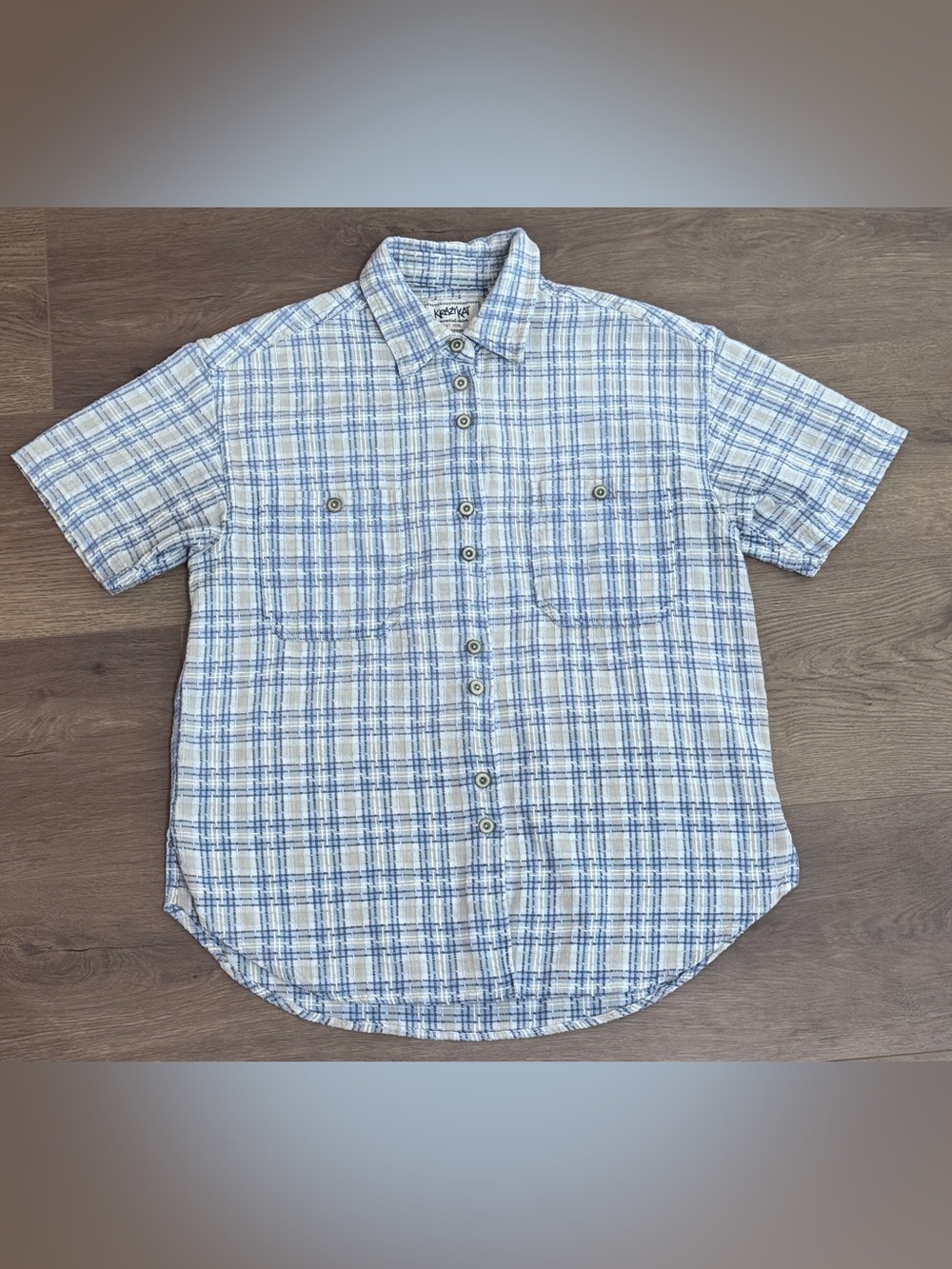 VTG Krazy Kat Button Up Shirt Women’s Sz Small Blue Tan Textured Gingham Coastal